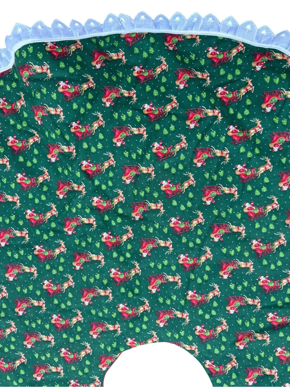 Vtg Green Santa and reindeer Christmas Tree Skirt reversible